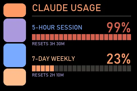 LCARS-style console showing Claude usage with elbow blocks and segmented bars